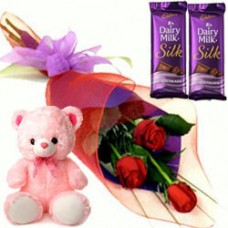 Saggy Small Teddy, Roses and Dairy Milk Silk Chocolate Bars